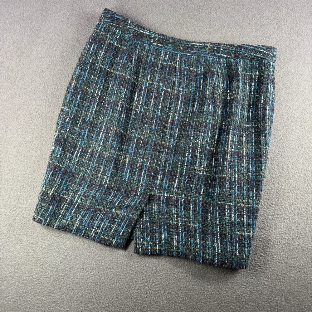 J.Jill Tweed Skirt Women 16‎ Petite Blue Green Wool Blend Pencil Office Party - Picture 3 of 9